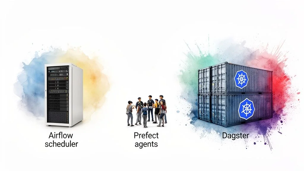 Visual comparison showing an Airflow scheduler (server rack), Prefect agents (group of people), and Dagster (Kubernetes containers).