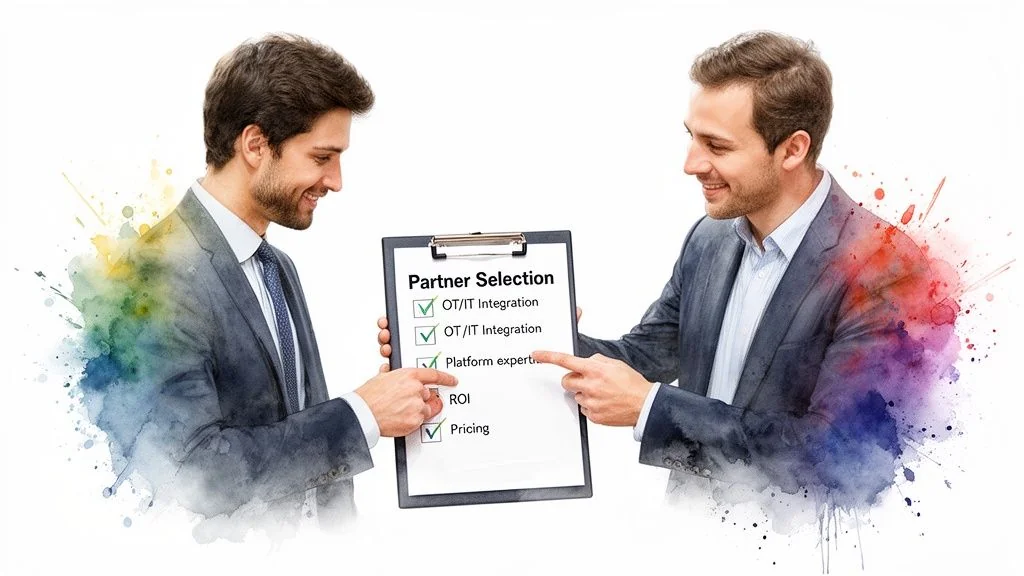 Smiling man in a suit holds a tablet with an analytics dashboard in a manufacturing facility.