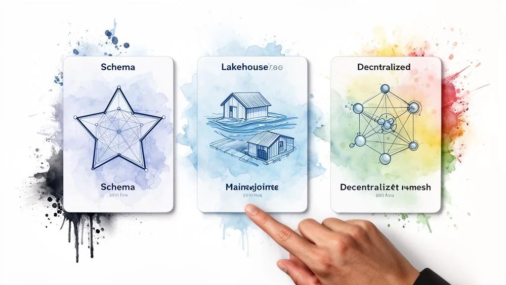 A diagram illustrating the data warehousing hierarchy: data sources, warehouse layers, and BI & analytics.
