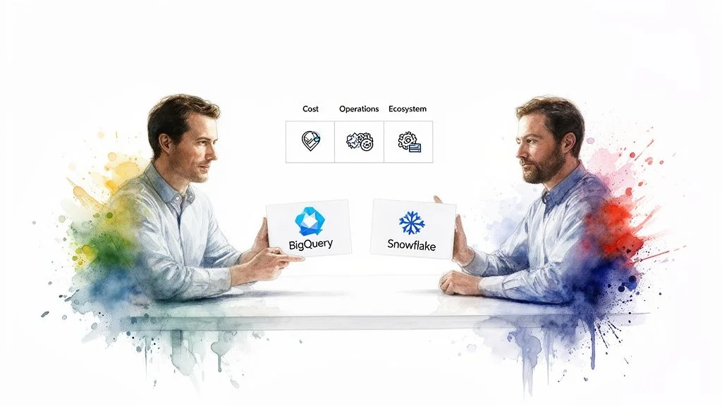 Watercolor illustration of two men discussing BigQuery versus Snowflake, highlighting cost, operations, and ecosystem.