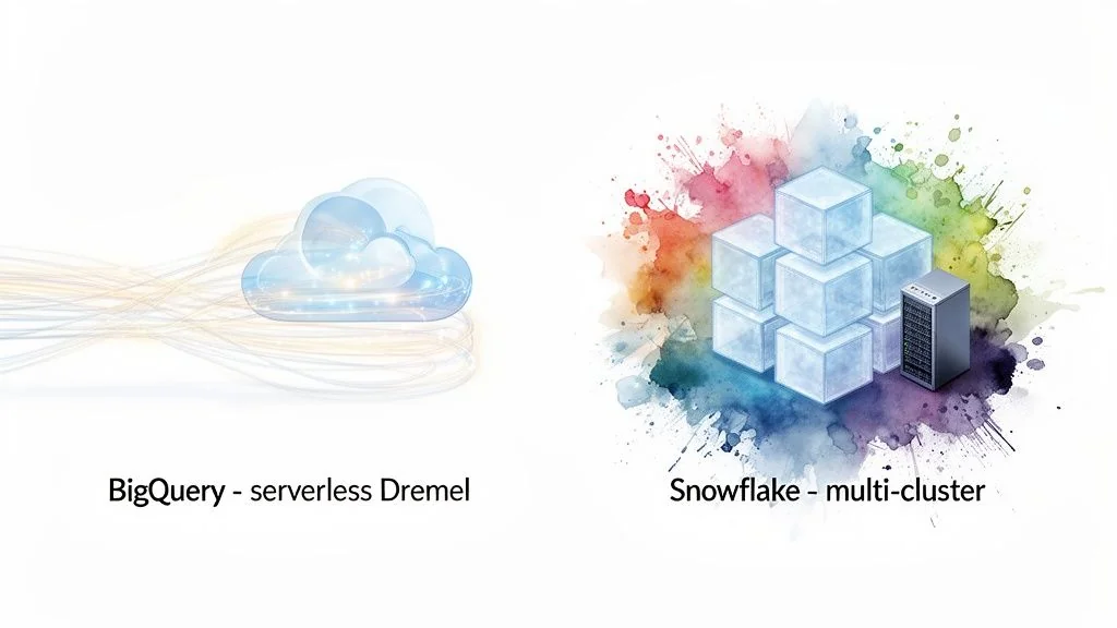 Visual comparison of BigQuery serverless cloud architecture and Snowflake multi-cluster data platform.