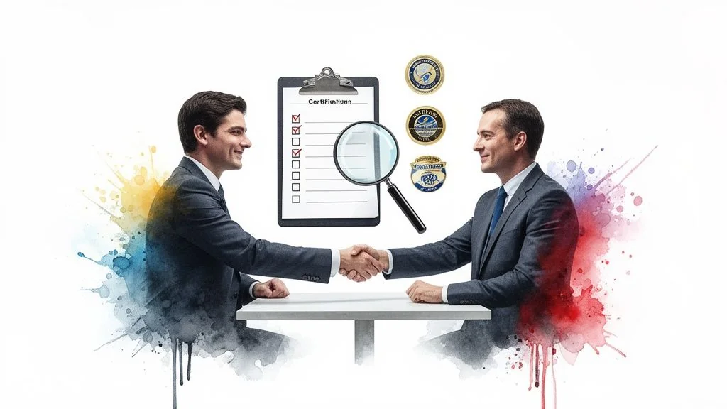 Two businessmen shaking hands over a certification checklist and quality badges, symbolizing partnership and agreement.