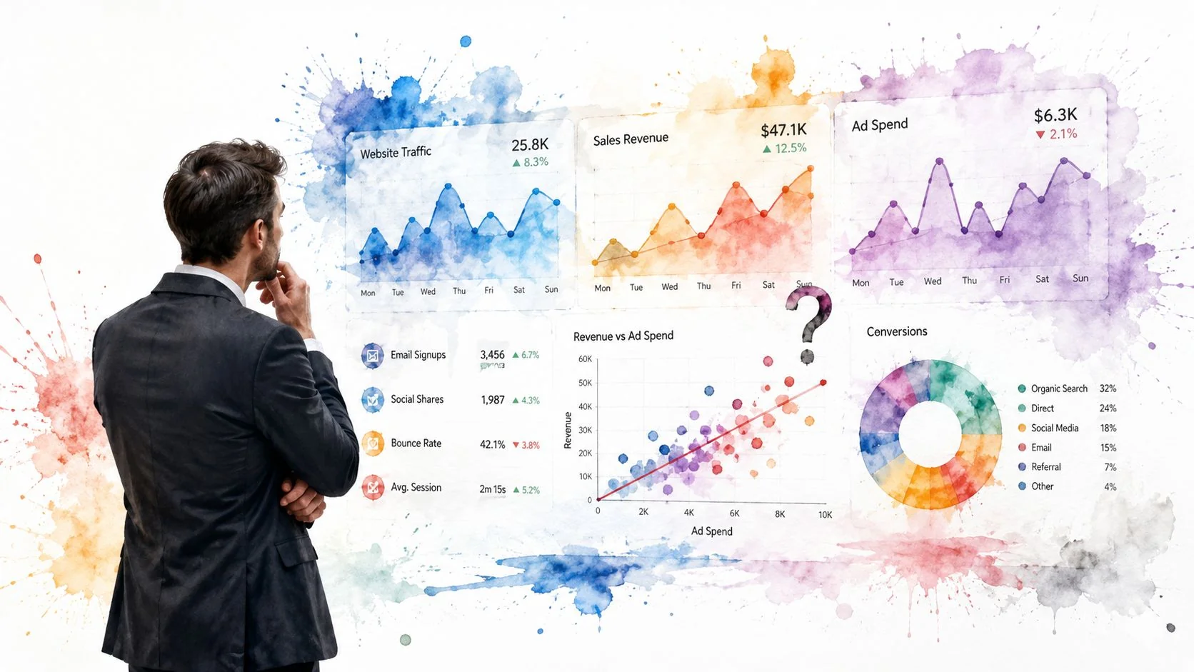 A businessman in a suit studying digital data analytics charts and business performance metrics on a wall.