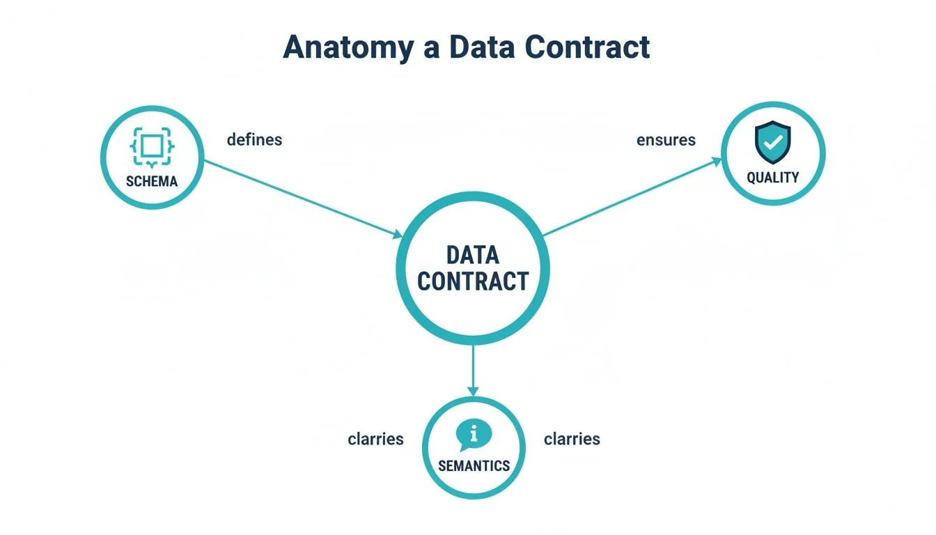 A diagram illustrating the anatomy of a data contract, showing its relationships with schema, quality, and semantics.