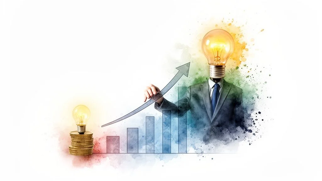 A man with a lightbulb head draws an upward trend line over a bar chart, symbolizing business growth and innovative ideas for financial success.