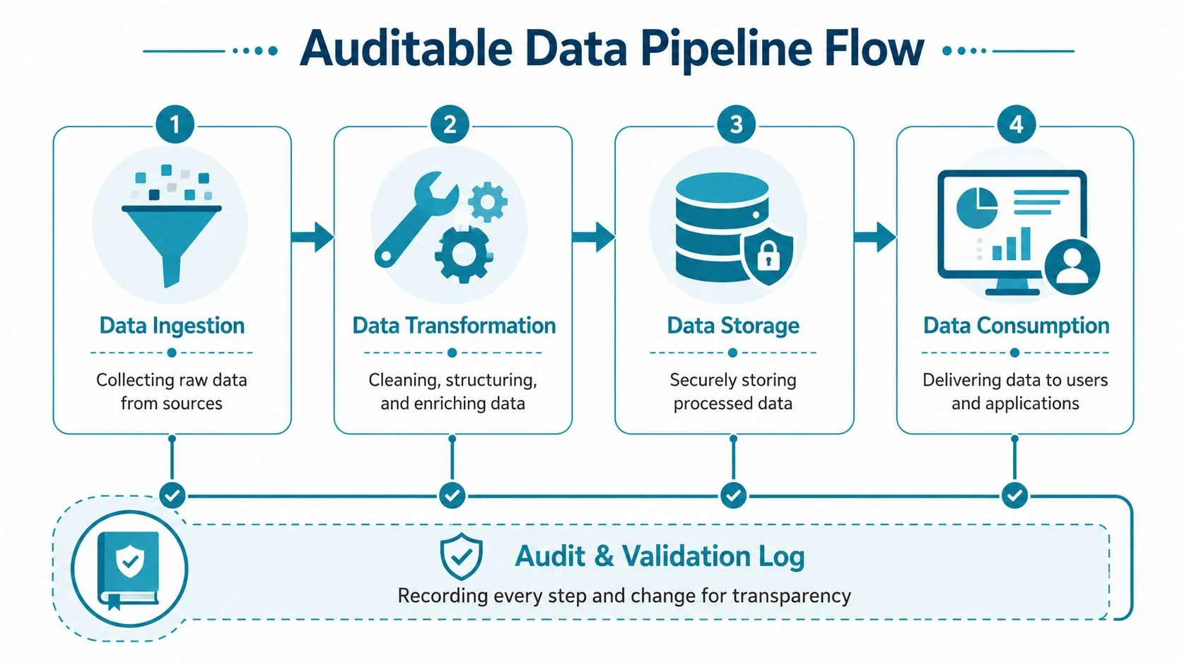 A diagram illustrating an auditable data pipeline flow with four steps: ingestion, transformation, storage, and consumption.