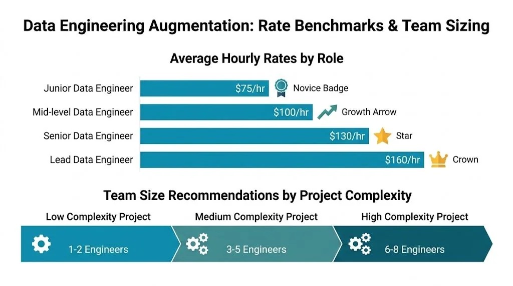 A chart showing data engineering hourly rates by seniority level and recommended team sizes for projects.