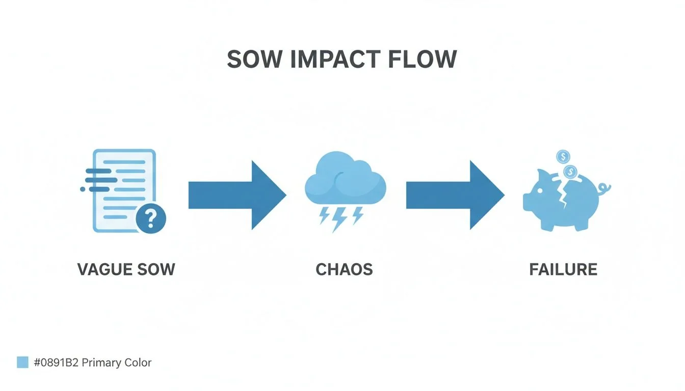 Flowchart showing that a vague Statement of Work leads to chaos and ultimately project failure.