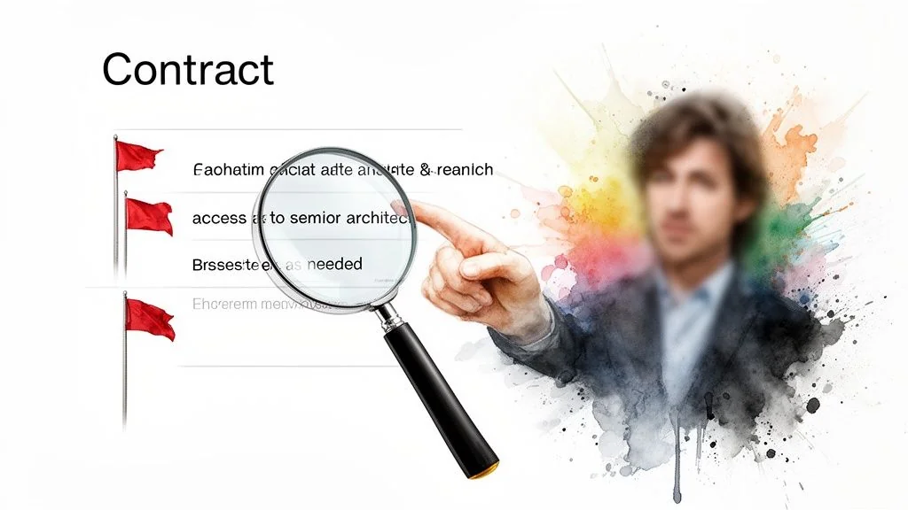 A contract titled 'Contract' with red flags next to bullet points. A magnifying glass highlights 'access to senior architect', with a blurred man in the background.