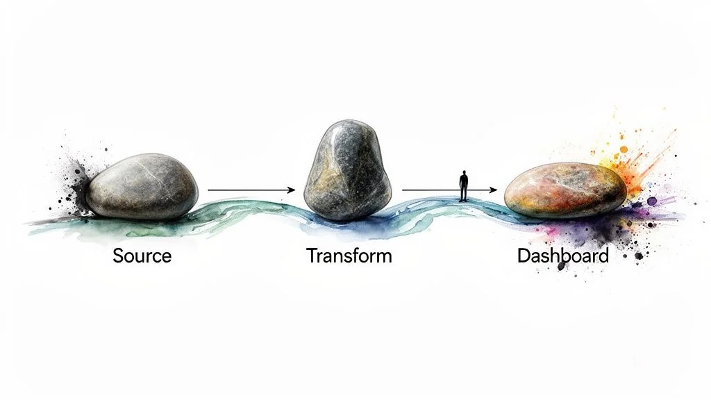 A hand places a 'Customer Data' file into a clear organizer, next to a magnifying glass, surrounded by colorful splatters.