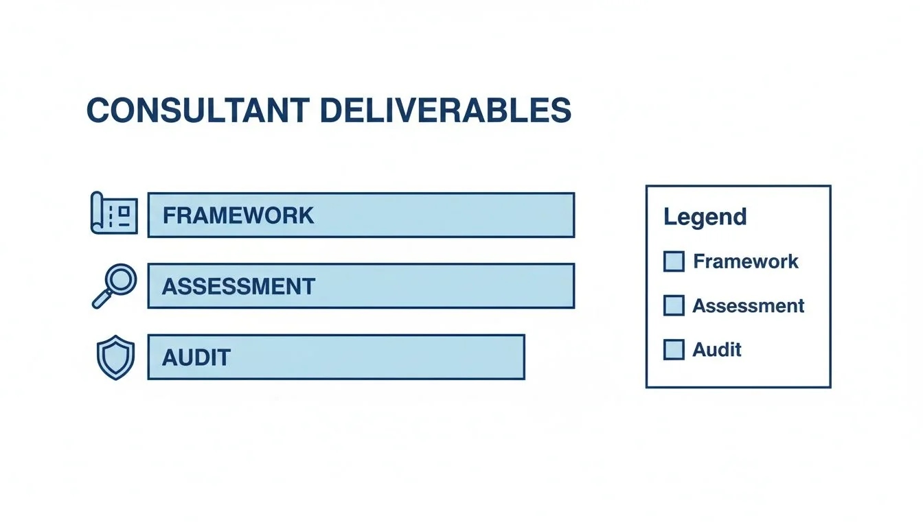 A graphic titled 'Consultant Deliverables' listing Framework, Assessment, and Audit with corresponding icons and a legend.