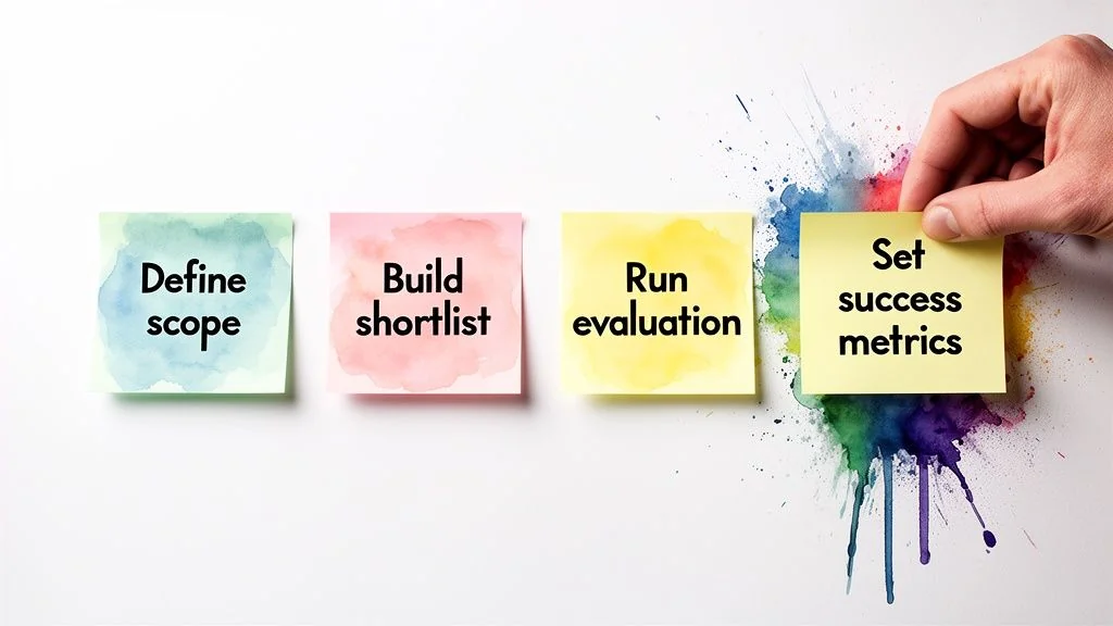 Four sticky notes outline project steps: define scope, build shortlist, run evaluation, set success metrics, held by a hand.