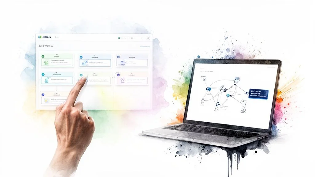 A man balances data protection (shield) against controls and risks (clipboard) on a scale, symbolizing data governance.