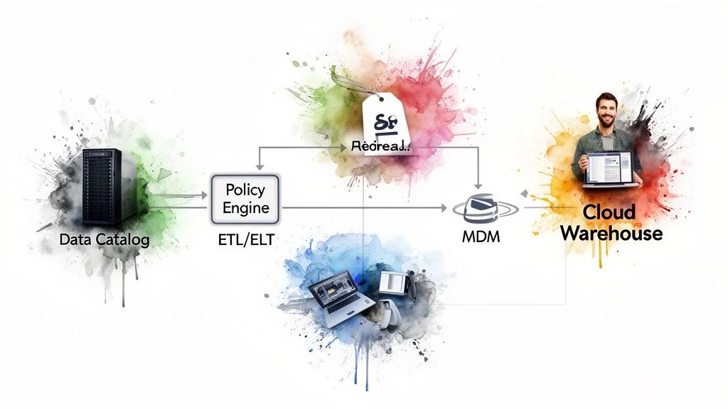 A chart comparing data governance (policies, decision-making) and data management (implementation, operations) for trustworthy data.
