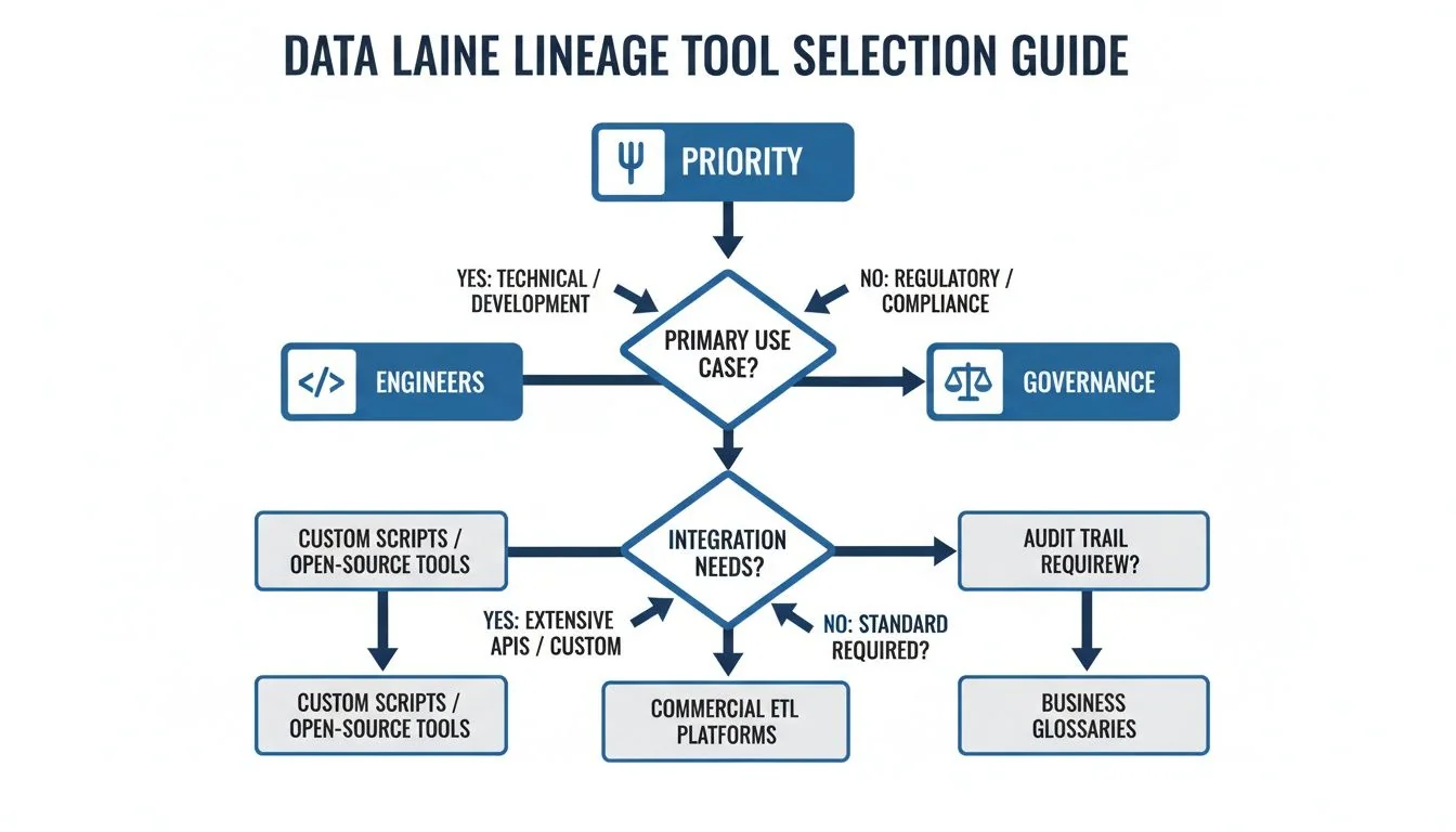 Flowchart guiding the selection of data lineage tools based on primary use case and integration needs.