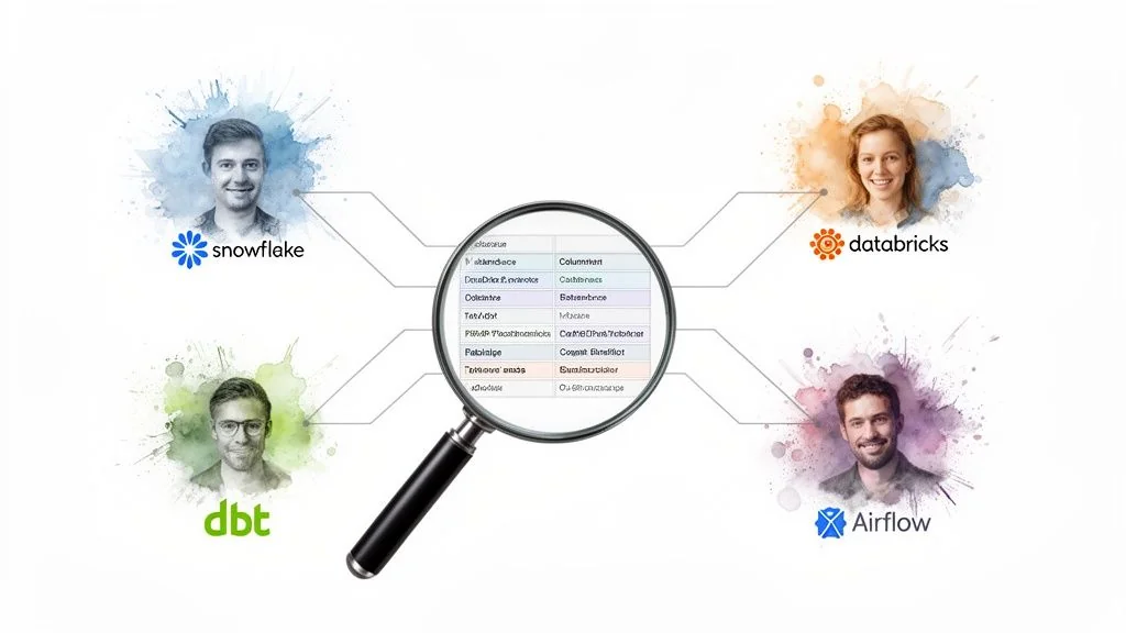 Four data professionals representing Snowflake, Databricks, dbt, and Airflow connect to a data table view through a magnifying glass.