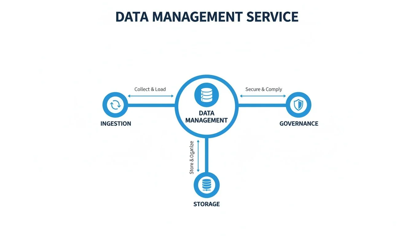 A comprehensive diagram illustrating a data management service workflow with ingestion, governance, and storage.