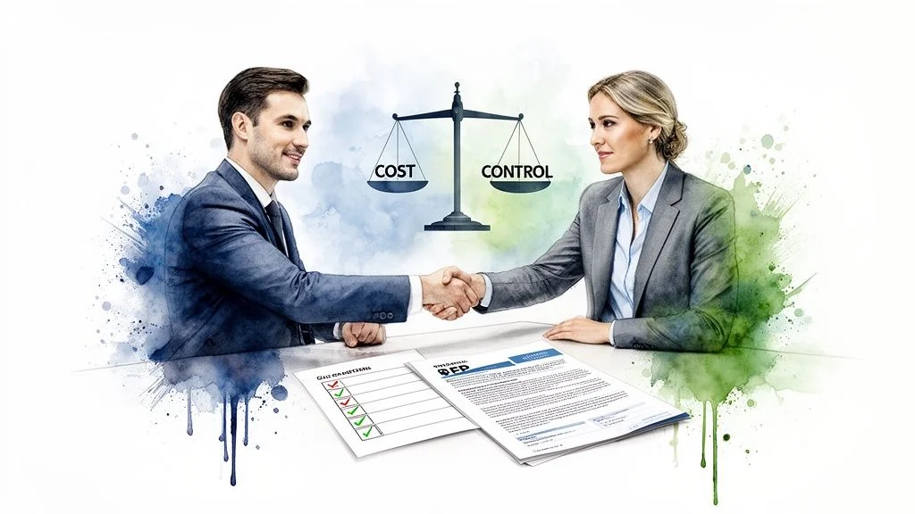 Two business professionals shake hands over documents, with a scale balancing 'COST' and 'CONTROL' in the background.
