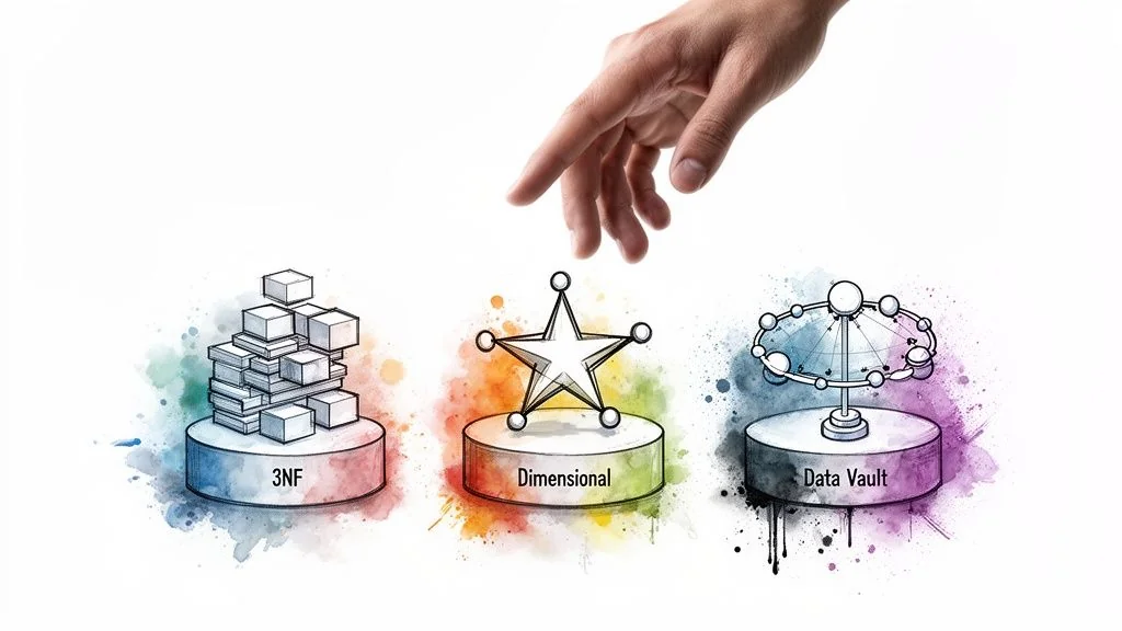 A person's hand touches a data flow diagram blueprint showing cloud, databases, and analytics.