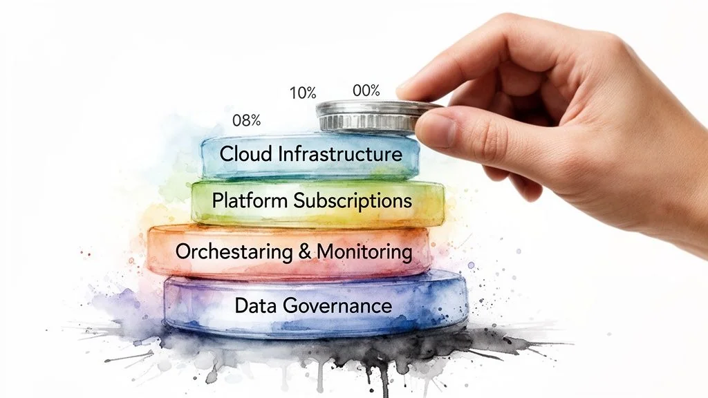 A hand stacks coins on colorful, labeled discs representing data pipeline cost layers.