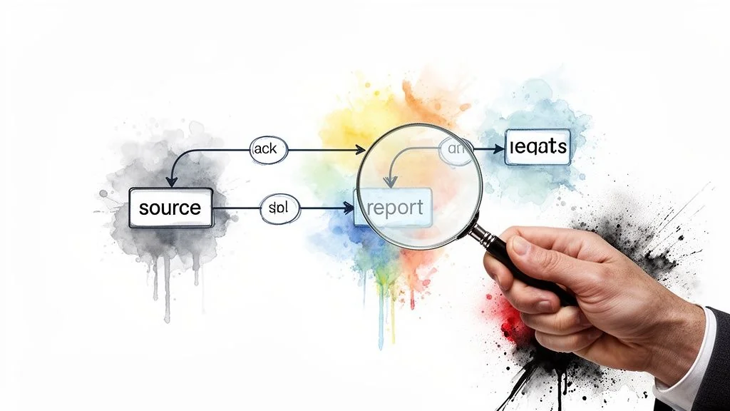 A flowchart diagram illustrating a data pipeline from source to report, magnified by a hand holding a glass.