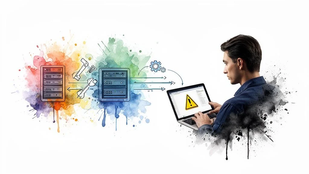 Man troubleshooting data pipelines on a laptop with server racks and tools, against a colorful watercolor background.