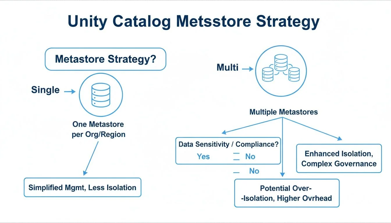 Flowchart detailing Unity Catalog Metastore strategies: single per region for simplicity, or multiple considering data sensitivity for isolation.