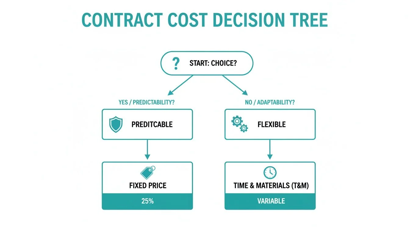 A man stands between a 'Fixed Price' contract document and a 'Time & Materials' cloud illustration.