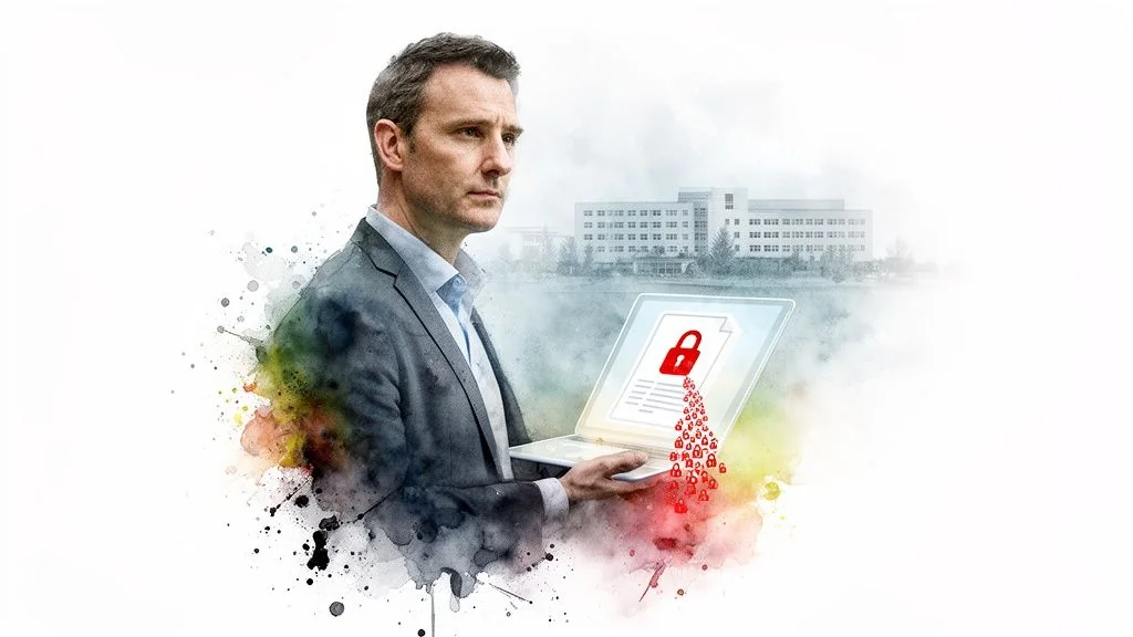 A man in a suit holds a laptop with a red padlock and many smaller locks, representing data security concerns.