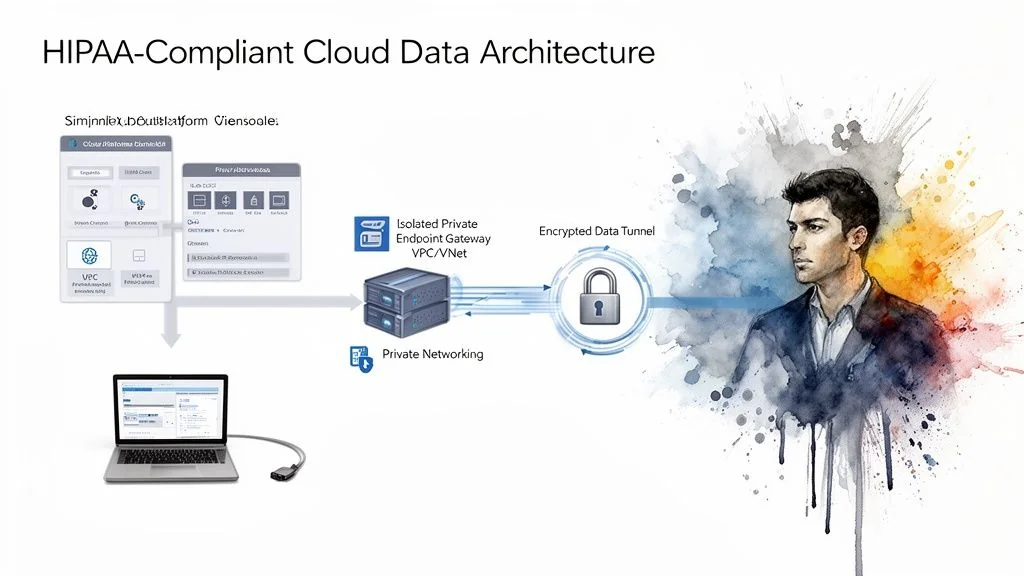 Diagram illustrating a HIPAA-compliant cloud data architecture, with secure data flow through encrypted tunnels and private networking.