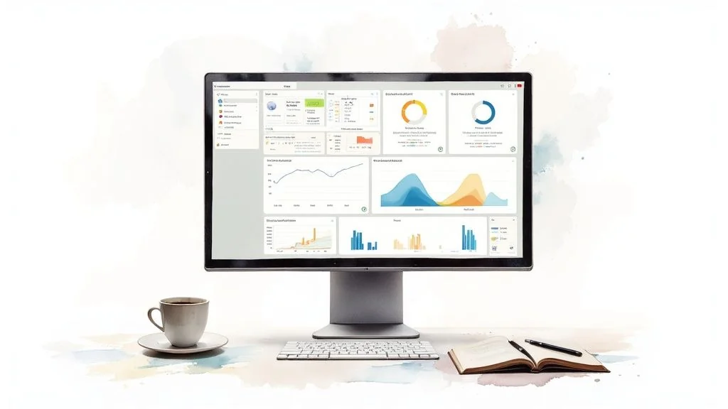 A man with a tablet faces an abstract painting of a colorful, sprawling industrial cityscape.