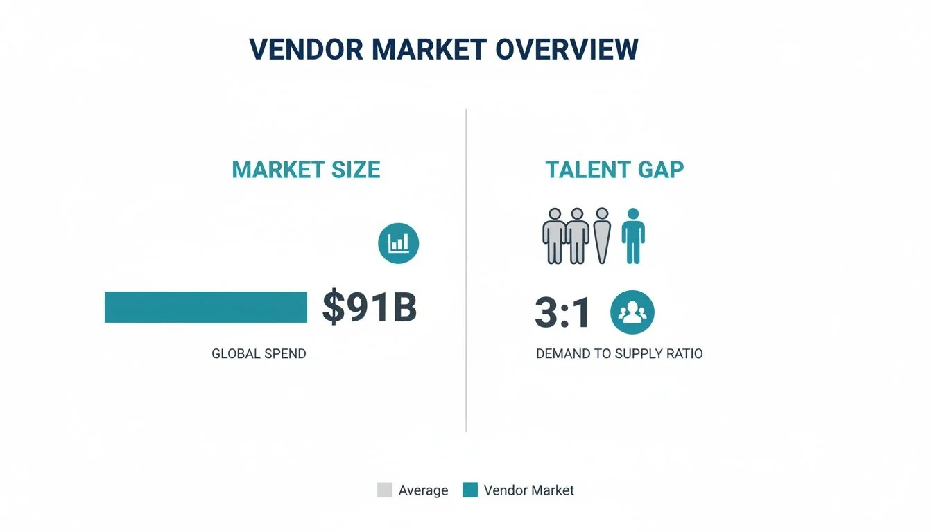 An infographic overview of the vendor market showing market size global spend and talent gap ratio.