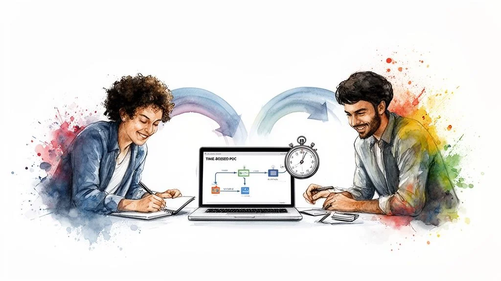 Two smiling professionals collaborate on a time-boxed POC project, with a laptop and stopwatch.