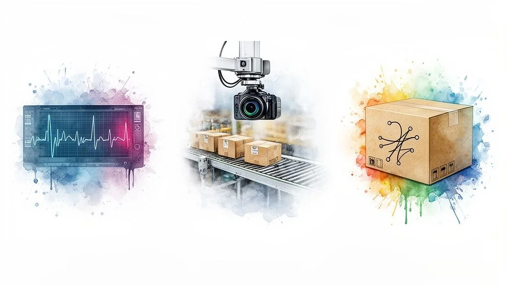 Three scenes: an ECG monitor, a camera over a conveyor belt, and a smart package.
