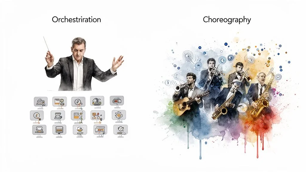 A conductor directs tech icons for orchestration, while musicians play in a colorful watercolor for choreography.