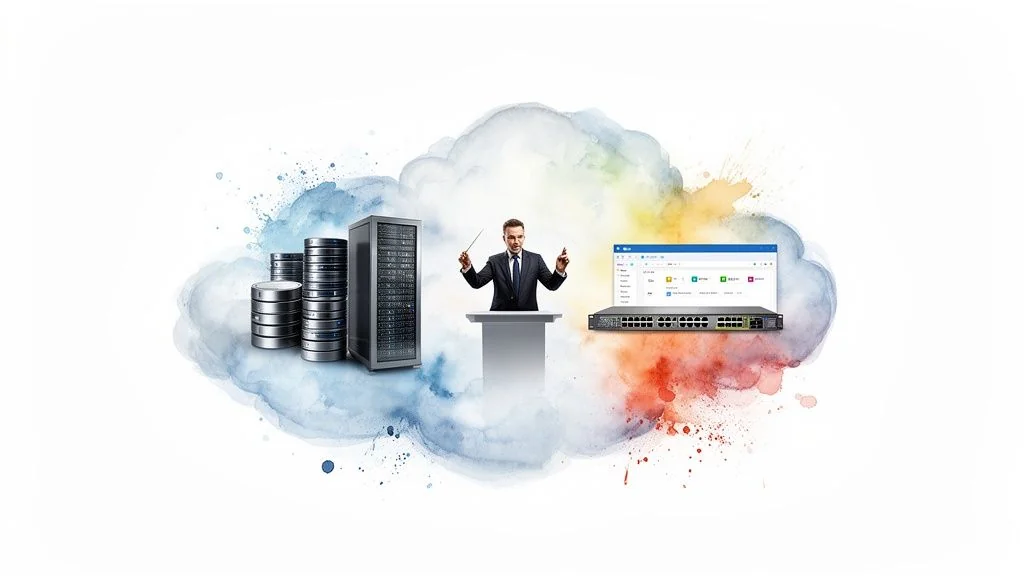 A conductor orchestrates cloud computing resources including servers, storage, networking equipment, and applications.