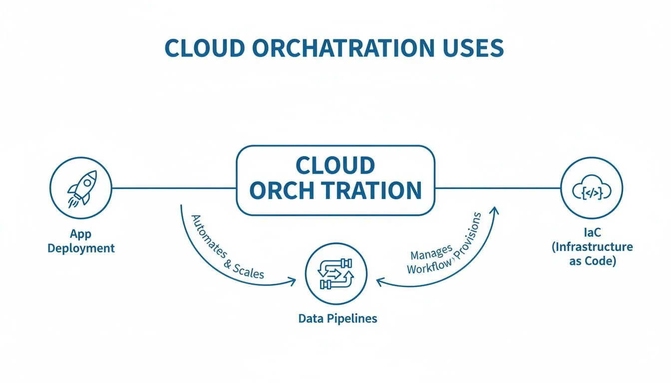 A diagram shows cloud orchestration automating app deployment, data pipelines, and infrastructure as code.