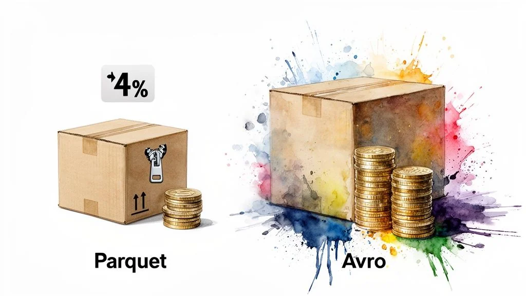 Two data storage formats, Parquet and Avro, compared with boxes, coins, and a +4% label.