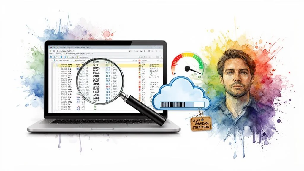 Laptop displaying data with a magnifying glass, cloud icon, speed gauge, and a man's watercolor portrait.