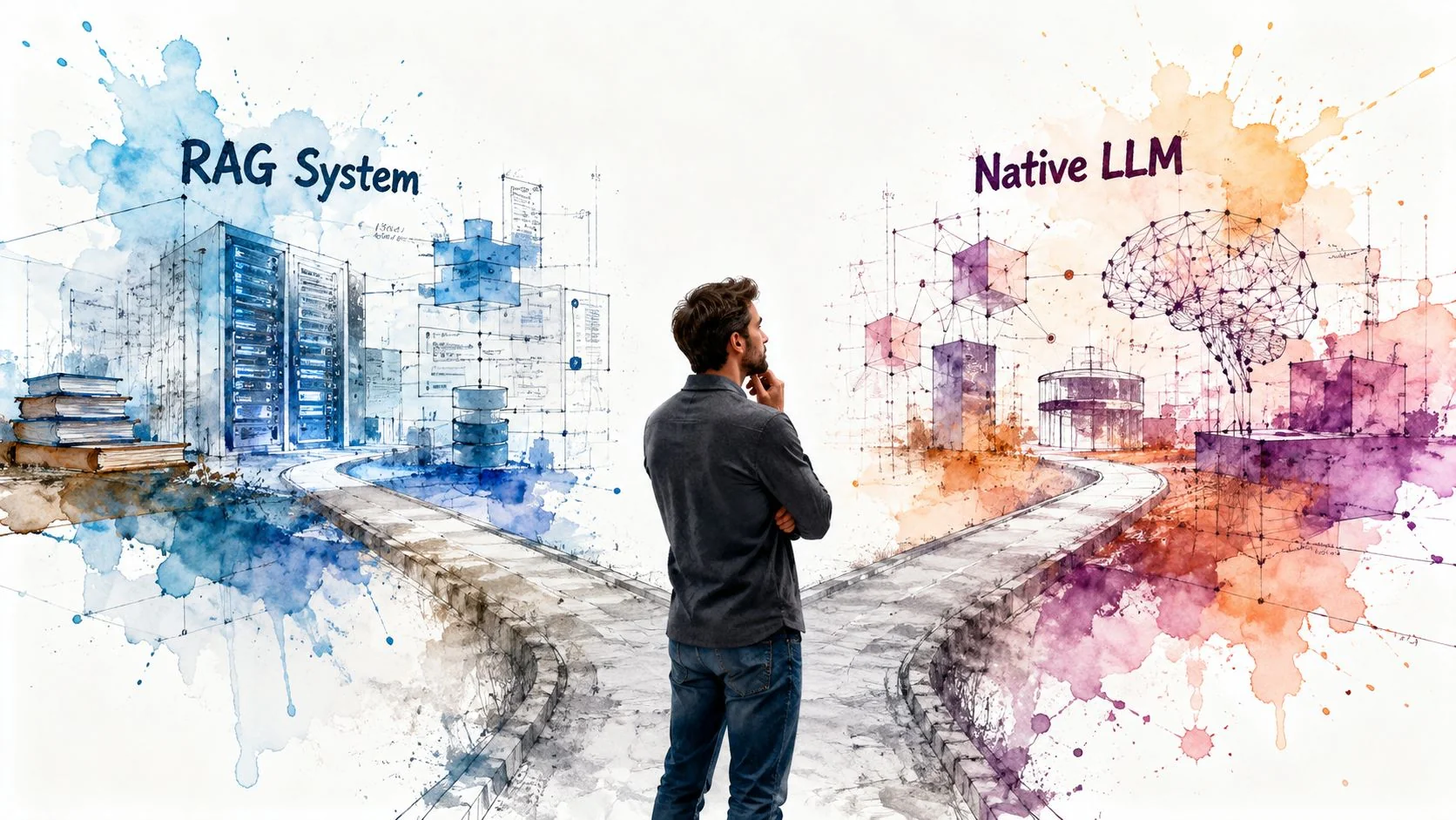 A person standing at a fork in the road contemplating between RAG systems and native LLMs.