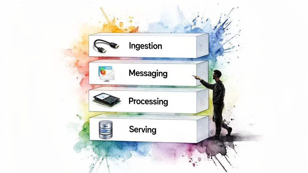 A visual representation of a real-time data pipeline architecture with four stages: Ingestion, Messaging, Processing, and Serving.