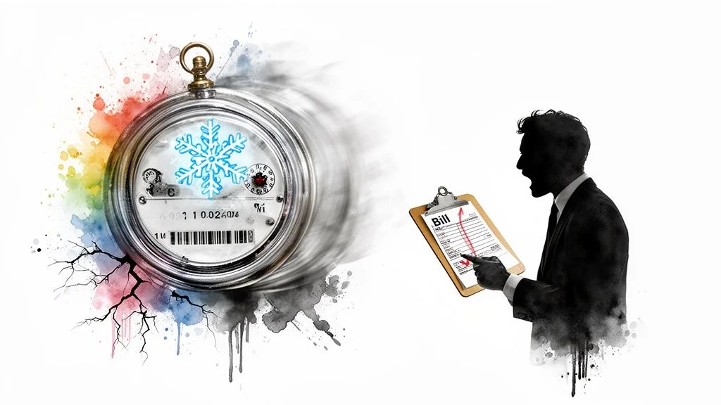 Stylized image of a stylized snowflake meter and a man reacting to a rising utility bill.