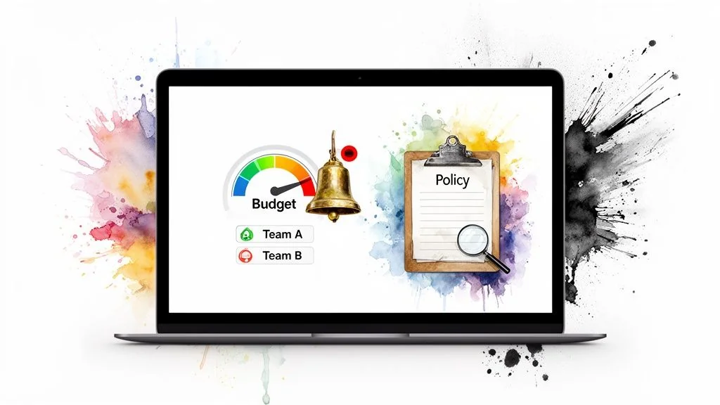 A laptop showing a budget gauge, policy document, and an alert bell for cost optimization.