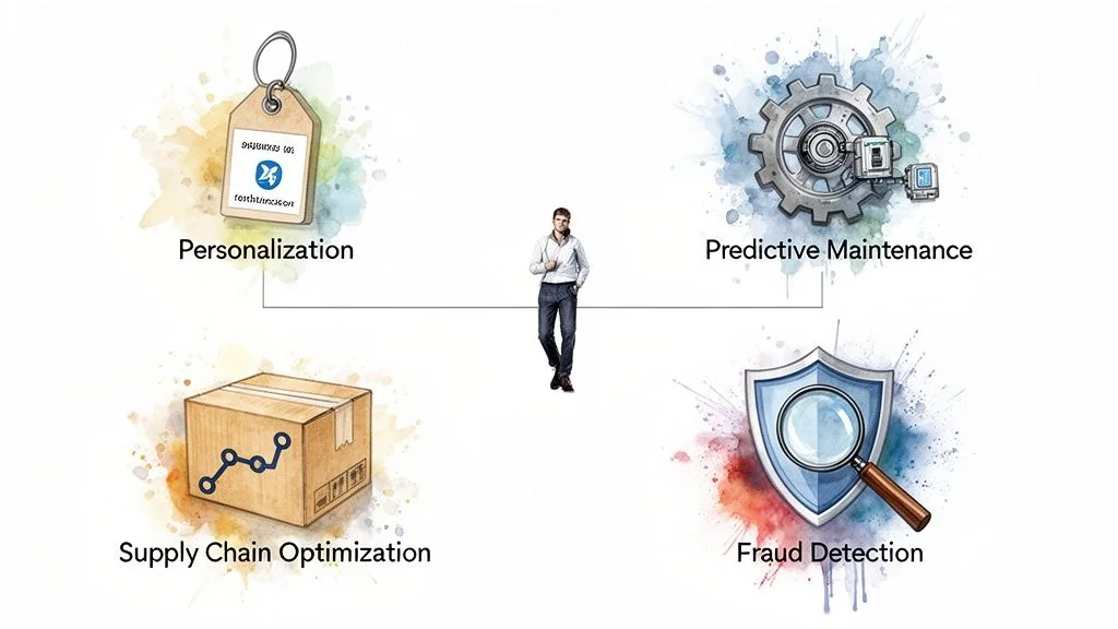 A man using a tablet monitors raw data transforming into analytics on a conveyor belt.