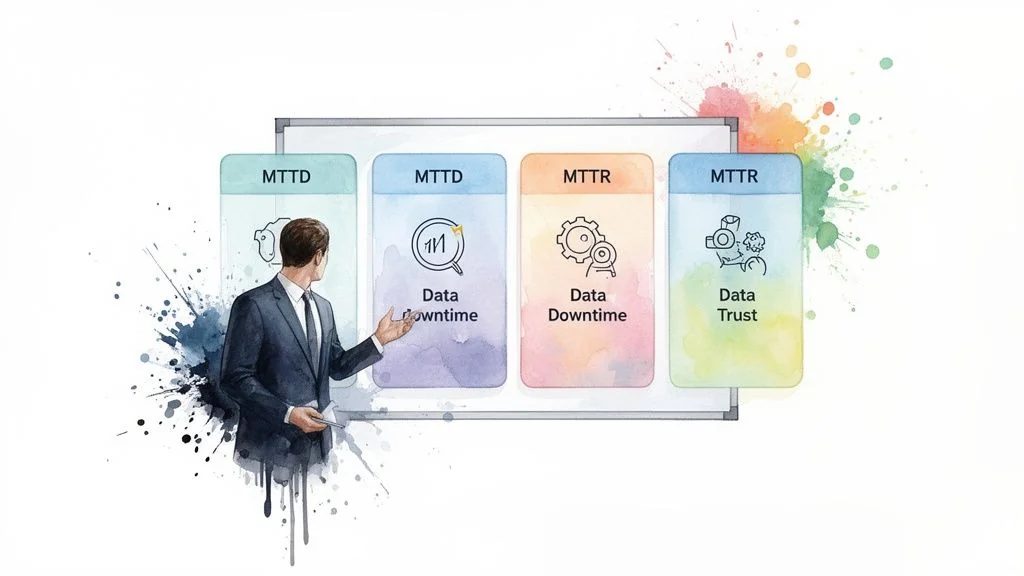 A businessman explains data observability metrics, MTTD and MTTR, on a whiteboard with relevant icons.