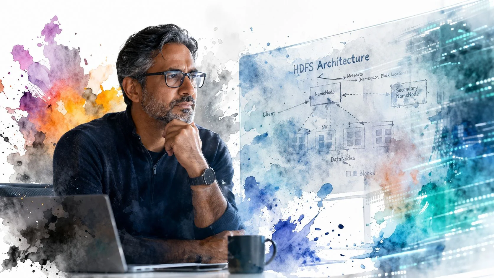 A professional man studying an HDFS architecture diagram displayed as a digital hologram in a workspace.