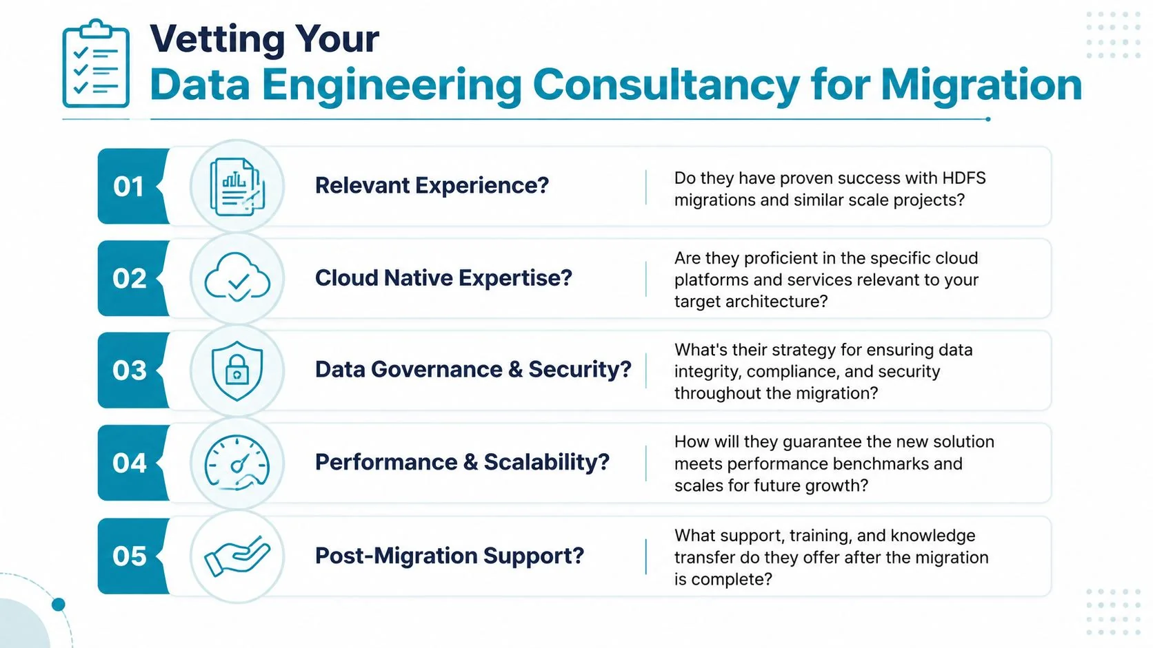 A checklist infographic titled Vetting Your Data Engineering Consultancy for Migration with five key criteria for selection.