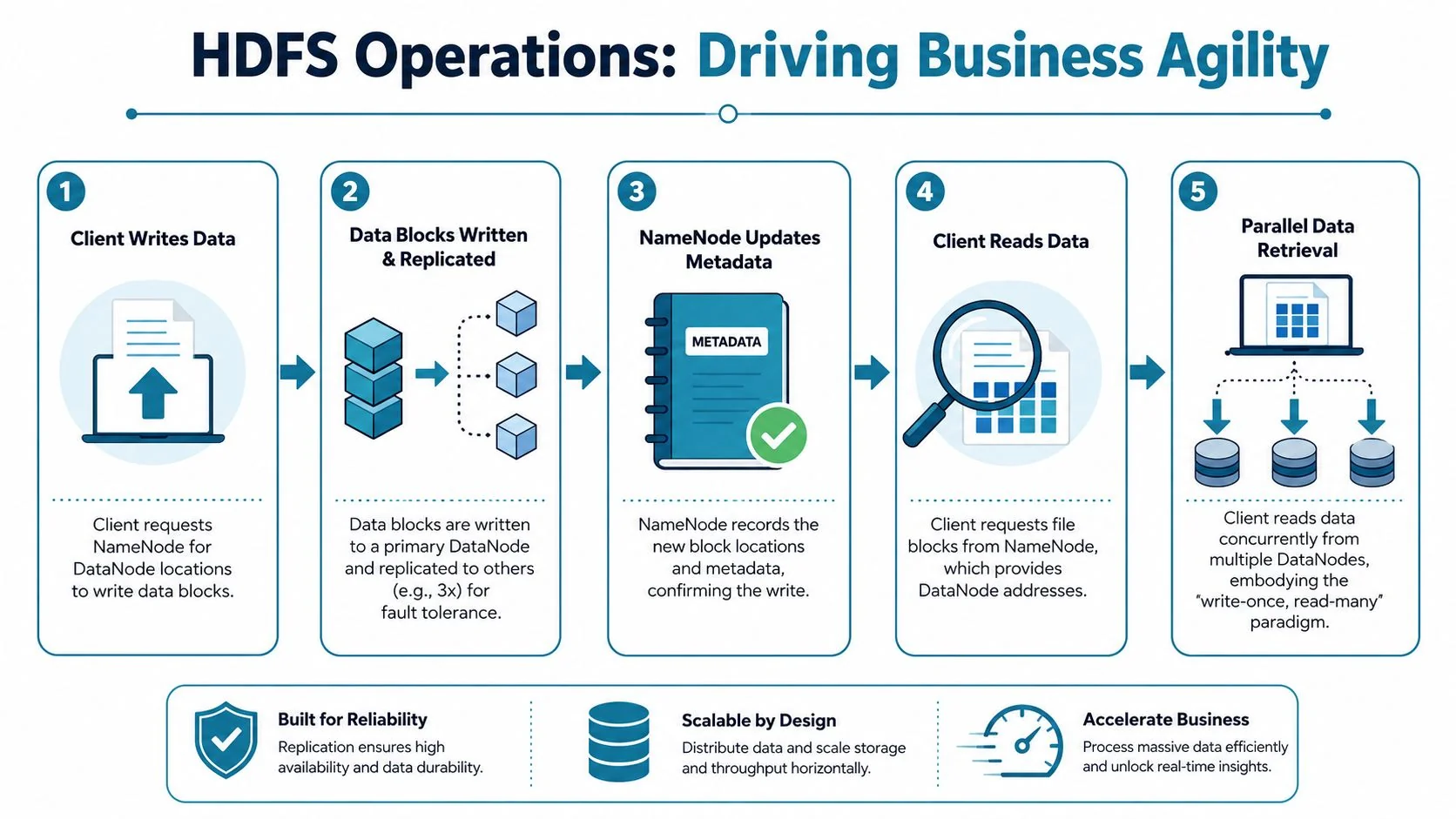 A five-step flowchart illustrating how HDFS operations manage data writing, replication, metadata updates, and parallel retrieval.